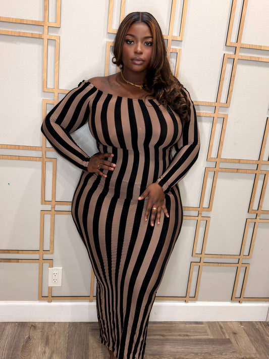 Contour Stripe Off-Shoulder Maxi Dress