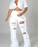 High waisted distress jeans